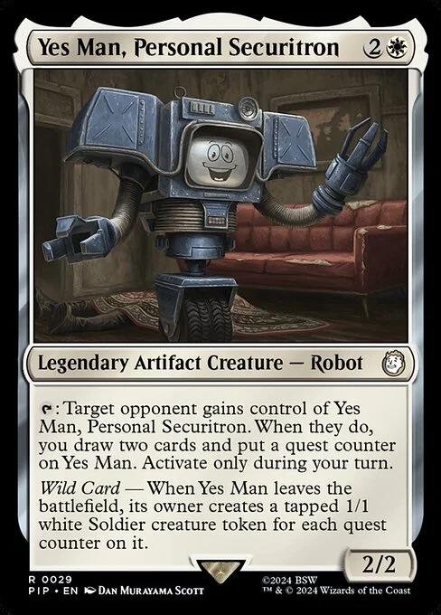 Yes Man, Personal Securitron, carta Magic di tipo Legendary Artifact Creature — Robot illustrata da Dan Murayama Scott