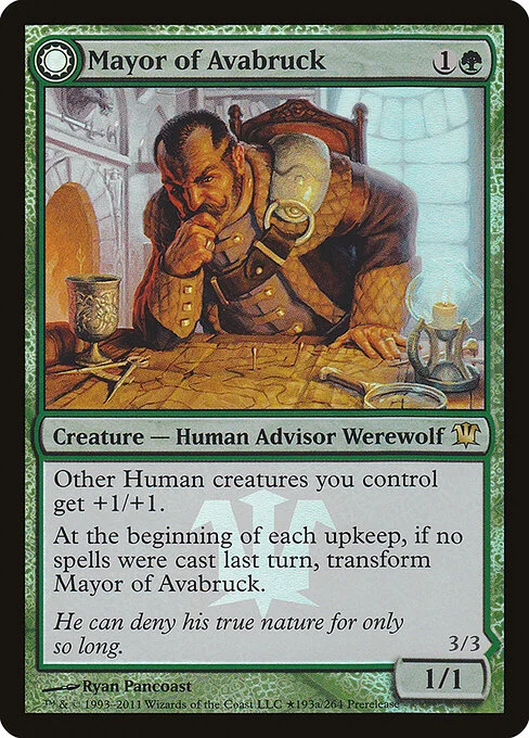 Mayor of Avabruck // Howlpack Alpha, carta Magic di tipo Creature — Human Advisor Werewolf // Creature — Werewolf illustrata da Ryan Pancoast