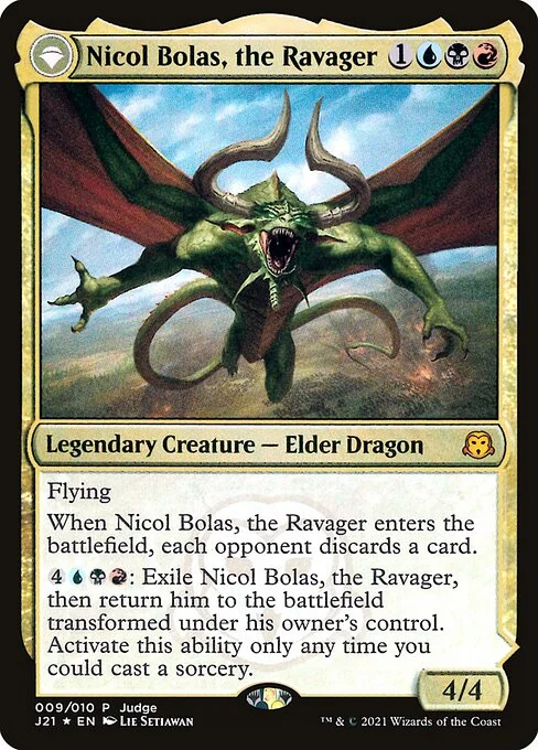 Nicol Bolas, the Ravager // Nicol Bolas, the Arisen, carta Magic di tipo Legendary Creature — Elder Dragon // Legendary Planeswalker — Bolas illustrata da Lie Setiawan