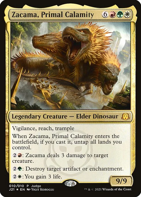 Zacama, Primal Calamity, carta Magic di tipo Legendary Creature — Elder Dinosaur illustrata da Yigit Koroglu