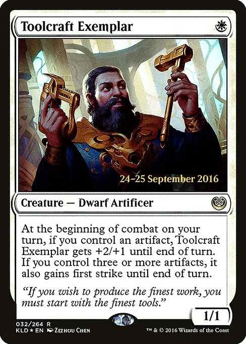 Toolcraft Exemplar, carta Magic di tipo Creature — Dwarf Artificer illustrata da Zezhou Chen