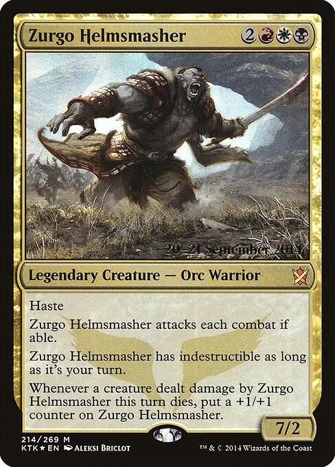 Zurgo Helmsmasher, carta Magic di tipo Legendary Creature — Orc Warrior illustrata da Aleksi Briclot