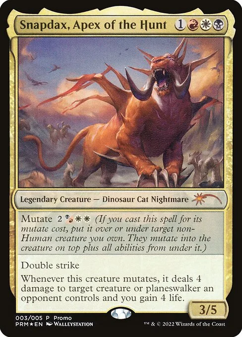 Snapdax, Apex of the Hunt, carta Magic di tipo Legendary Creature — Dinosaur Cat Nightmare illustrata da Walleystation