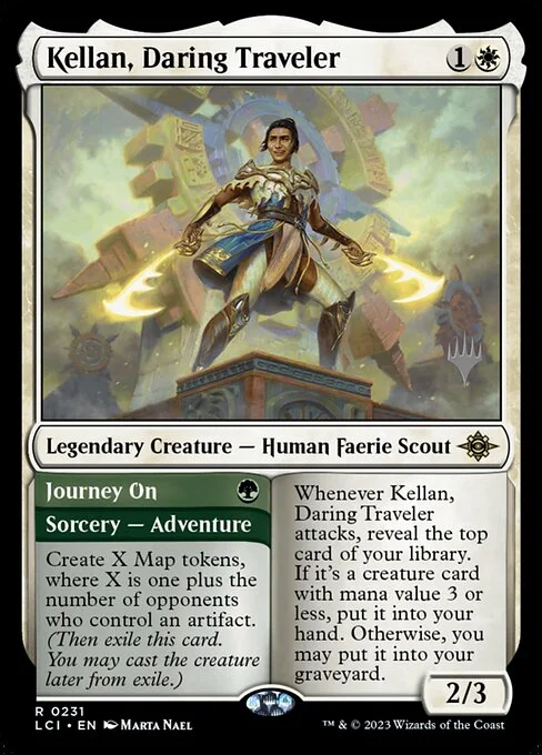 Kellan, Daring Traveler // Journey On, carta Magic di tipo Legendary Creature — Human Faerie Scout // Sorcery — Adventure illustrata da Marta Nael
