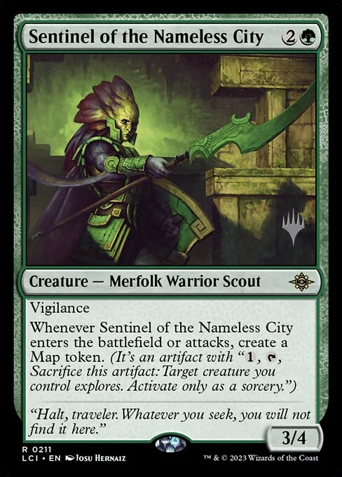 Sentinel of the Nameless City, carta Magic di tipo Creature — Merfolk Warrior Scout illustrata da Josu Hernaiz
