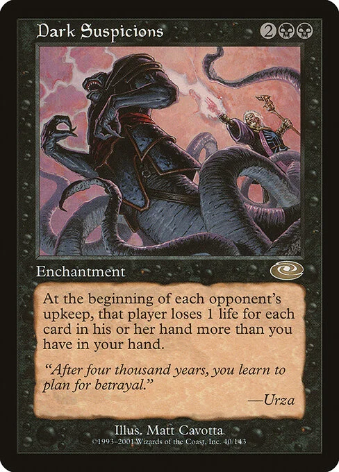 Dark Suspicions, carta Magic di tipo Enchantment illustrata da Matt Cavotta