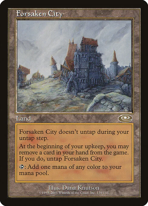 Forsaken City, carta Magic di tipo Land illustrata da Dana Knutson