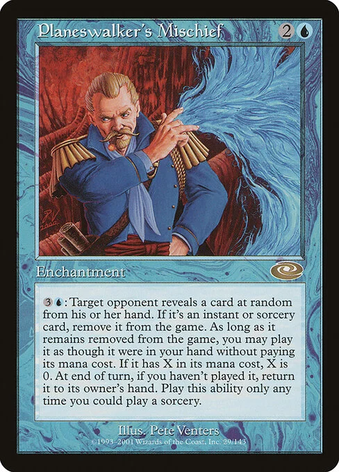 Planeswalker's Mischief, carta Magic di tipo Enchantment illustrata da Pete Venters