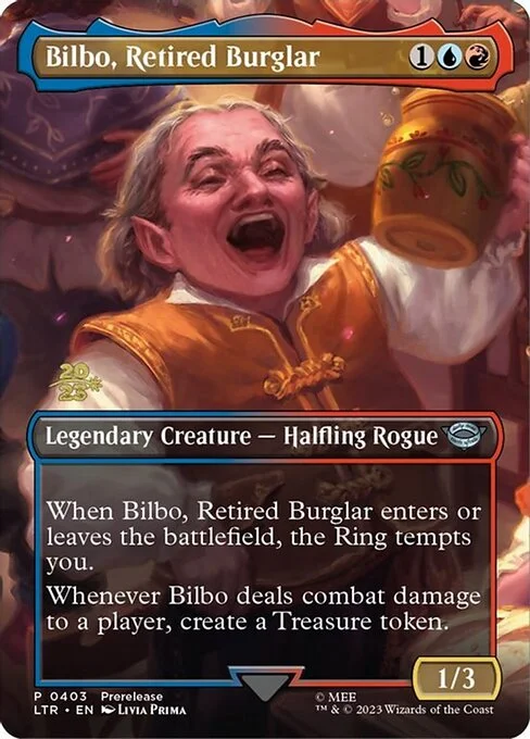 Bilbo, Retired Burglar, carta Magic di tipo Legendary Creature — Halfling Rogue illustrata da Livia Prima