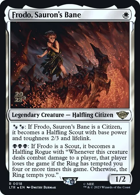 Frodo, Sauron's Bane, carta Magic di tipo Legendary Creature — Halfling Citizen illustrata da Dmitry Burmak