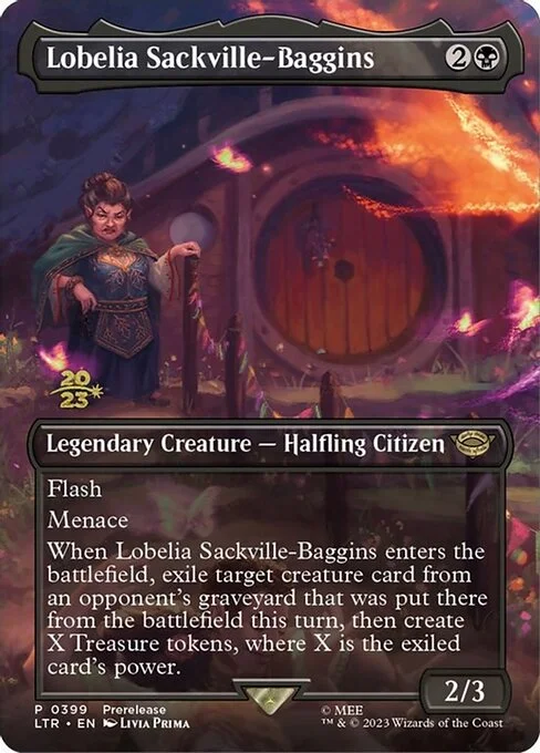 Lobelia Sackville-Baggins, carta Magic di tipo Legendary Creature — Halfling Citizen illustrata da Livia Prima