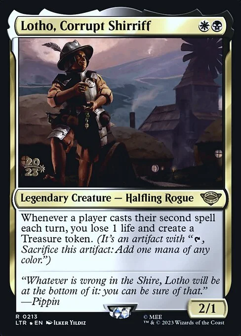 Lotho, Corrupt Shirriff, carta Magic di tipo Legendary Creature — Halfling Rogue illustrata da Ilker Yildiz