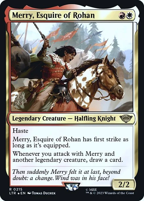 Merry, Esquire of Rohan, carta Magic di tipo Legendary Creature — Halfling Knight illustrata da Tomas Duchek
