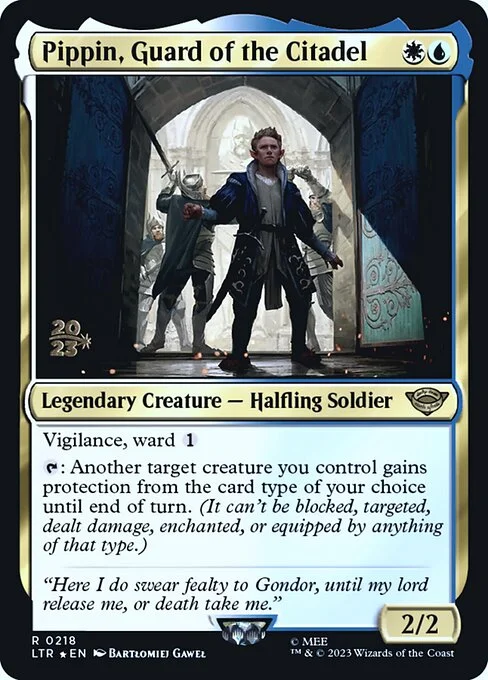Pippin, Guard of the Citadel, carta Magic di tipo Legendary Creature — Halfling Soldier illustrata da Bartłomiej Gaweł
