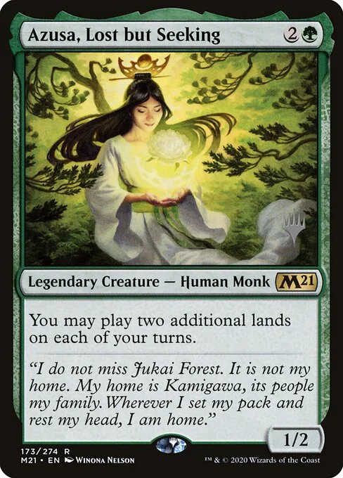 Azusa, Lost but Seeking, carta Magic di tipo Legendary Creature — Human Monk illustrata da Winona Nelson