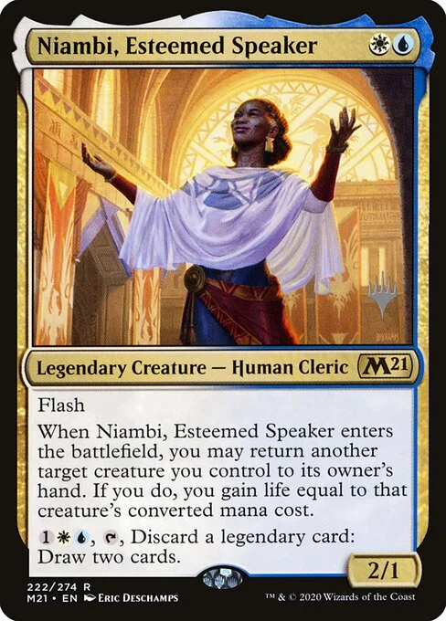 Niambi, Esteemed Speaker, carta Magic di tipo Legendary Creature — Human Cleric illustrata da Eric Deschamps
