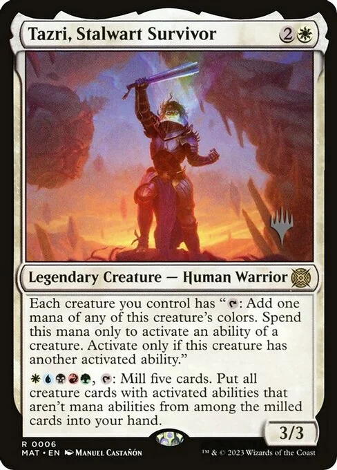 Tazri, Stalwart Survivor, carta Magic di tipo Legendary Creature — Human Warrior illustrata da Manuel Castañón