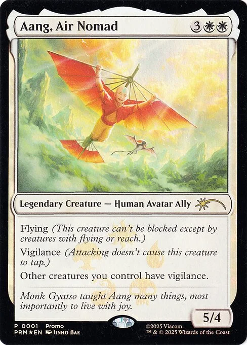 Aang, Air Nomad, carta Magic di tipo Legendary Creature — Human Avatar Ally illustrata da Jinho Bae