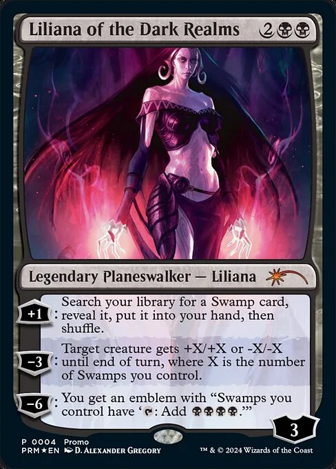 Liliana of the Dark Realms, carta Magic di tipo Legendary Planeswalker — Liliana illustrata da D. Alexander Gregory