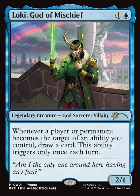 Loki, God of Mischief, carta Magic di tipo Legendary Creature — God Sorcerer Villain illustrata da Eric Deschamps