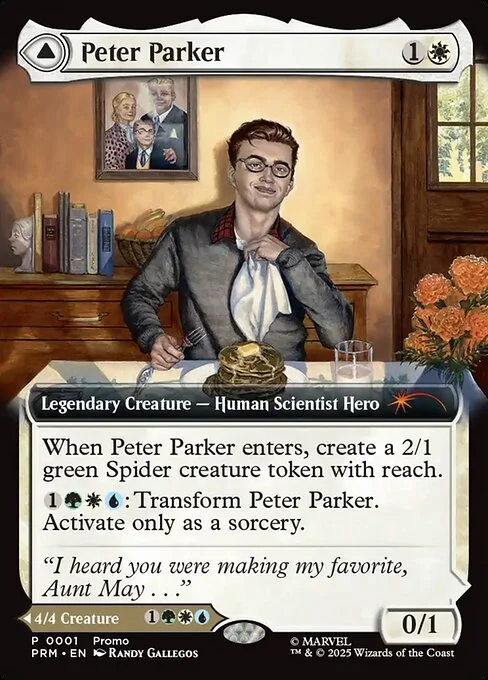 Peter Parker // Amazing Spider-Man, carta Magic di tipo Legendary Creature — Human Scientist Hero // Legendary Creature — Spider Human Hero illustrata da Randy Gallegos