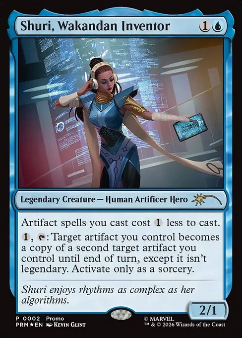 Shuri, Wakandan Inventor, carta Magic di tipo Legendary Creature — Human Artificer Hero illustrata da Kevin Glint