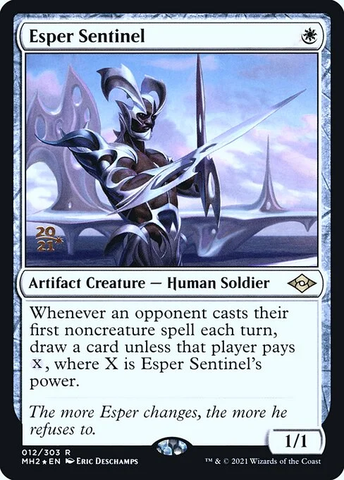 Esper Sentinel, carta Magic di tipo Artifact Creature — Human Soldier illustrata da Eric Deschamps