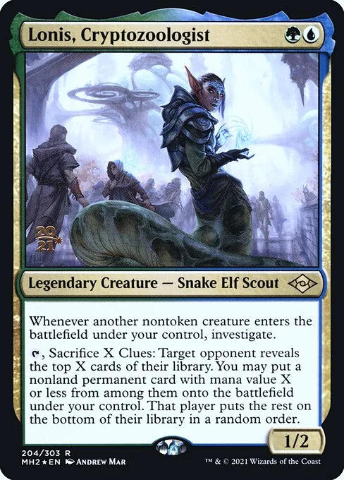 Lonis, Cryptozoologist, carta Magic di tipo Legendary Creature — Snake Elf Scout illustrata da Andrew Mar