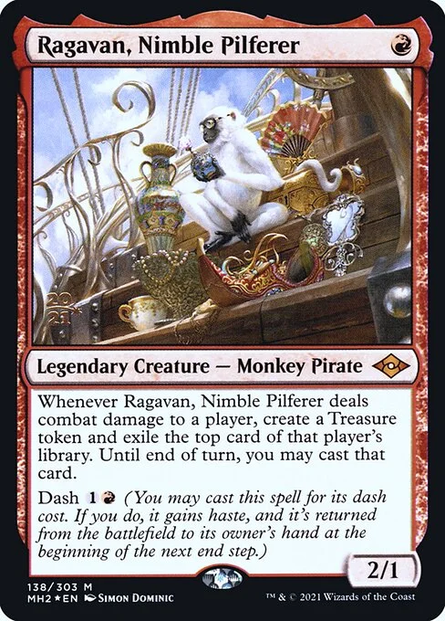 Ragavan, Nimble Pilferer, carta Magic di tipo Legendary Creature — Monkey Pirate illustrata da Simon Dominic