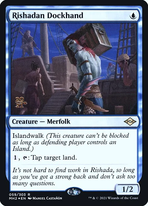Rishadan Dockhand, carta Magic di tipo Creature — Merfolk illustrata da Manuel Castañón