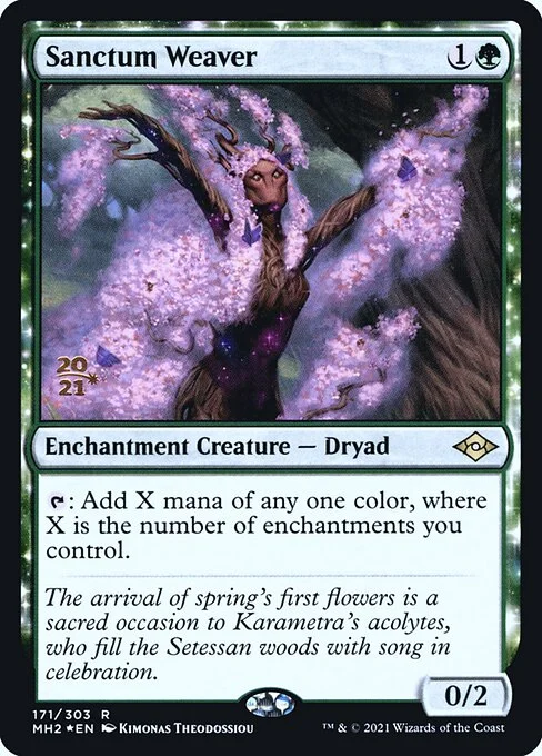Sanctum Weaver, carta Magic di tipo Enchantment Creature — Dryad illustrata da Kimonas Theodossiou