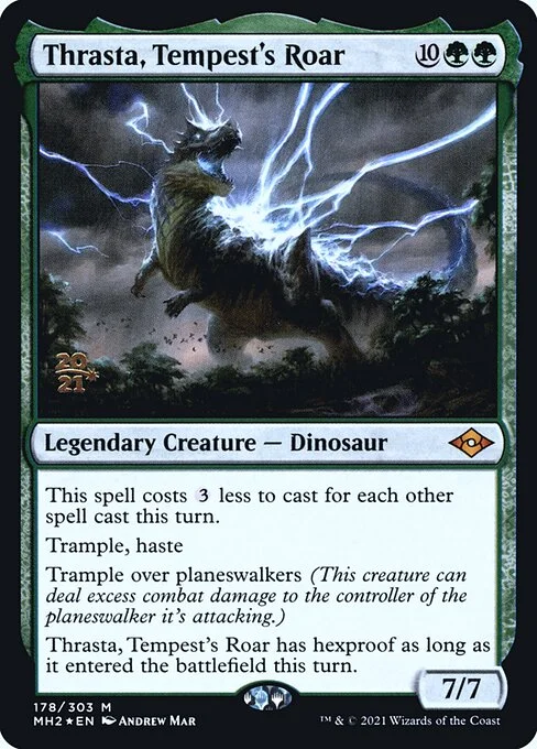 Thrasta, Tempest's Roar, carta Magic di tipo Legendary Creature — Dinosaur illustrata da Andrew Mar