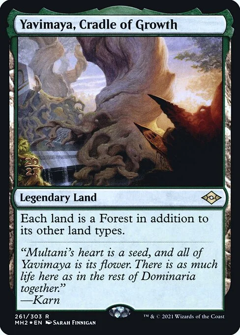 Yavimaya, Cradle of Growth, carta Magic di tipo Legendary Land illustrata da Sarah Finnigan