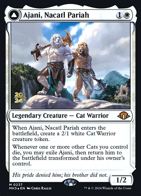 Ajani, Nacatl Pariah // Ajani, Nacatl Avenger, carta Magic di tipo Legendary Creature — Cat Warrior // Legendary Planeswalker — Ajani illustrata da Chris Rallis
