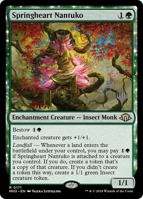 Springheart Nantuko, carta Magic di tipo Enchantment Creature — Insect Monk illustrata da Valera Lutfullina