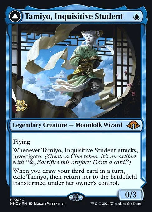 Tamiyo, Inquisitive Student // Tamiyo, Seasoned Scholar, carta Magic di tipo Legendary Creature — Moonfolk Wizard // Legendary Planeswalker — Tamiyo illustrata da Magali Villeneuve