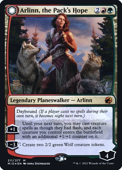 Arlinn, the Pack's Hope // Arlinn, the Moon's Fury, carta Magic di tipo Legendary Planeswalker — Arlinn // Legendary Planeswalker — Arlinn illustrata da Anna Steinbauer