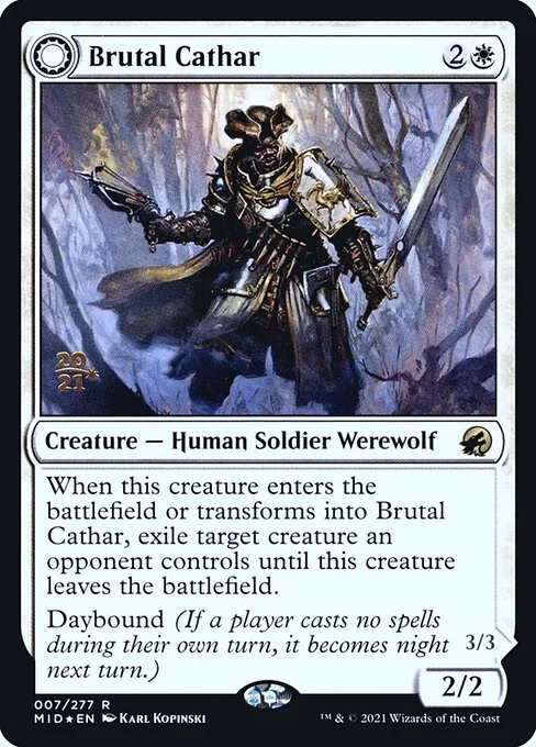 Brutal Cathar // Moonrage Brute, carta Magic di tipo Creature — Human Soldier Werewolf // Creature — Werewolf illustrata da Karl Kopinski