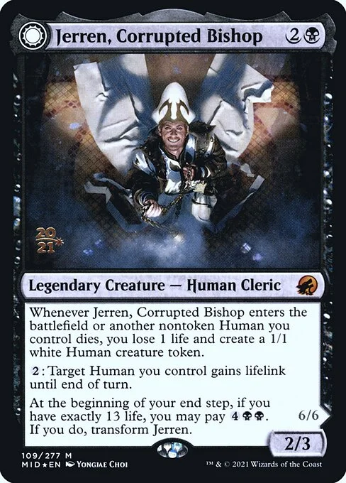 Jerren, Corrupted Bishop // Ormendahl, the Corrupter, carta Magic di tipo Legendary Creature — Human Cleric // Legendary Creature — Demon illustrata da Yongjae Choi