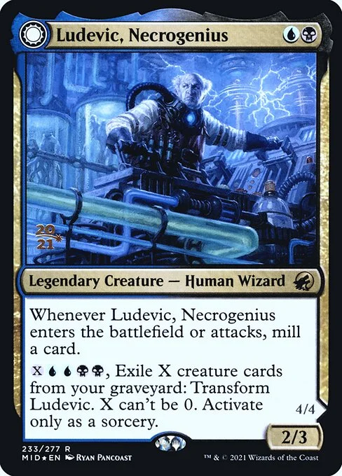 Ludevic, Necrogenius // Olag, Ludevic's Hubris, carta Magic di tipo Legendary Creature — Human Wizard // Legendary Creature — Zombie illustrata da Ryan Pancoast