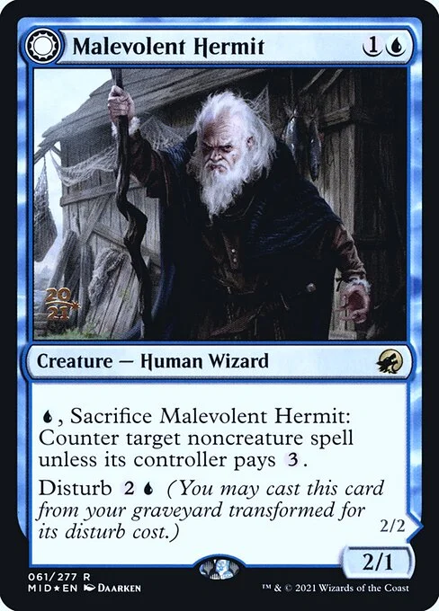 Malevolent Hermit // Benevolent Geist, carta Magic di tipo Creature — Human Wizard // Creature — Spirit Wizard illustrata da Daarken