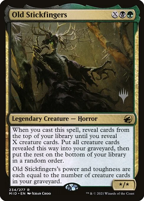 Old Stickfingers, carta Magic di tipo Legendary Creature — Horror illustrata da Jehan Choo