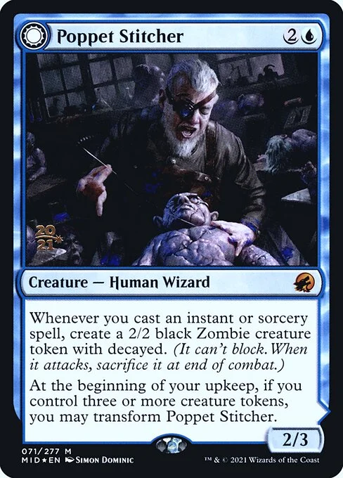 Poppet Stitcher // Poppet Factory, carta Magic di tipo Creature — Human Wizard // Artifact illustrata da Simon Dominic