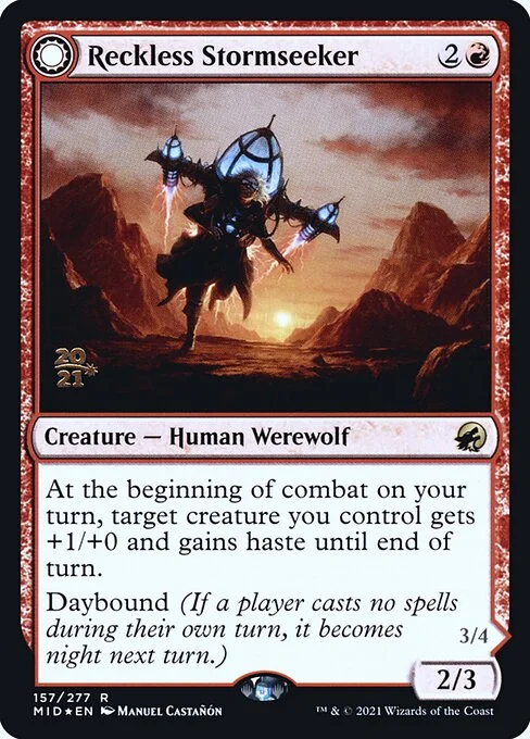 Reckless Stormseeker // Storm-Charged Slasher, carta Magic di tipo Creature — Human Werewolf // Creature — Werewolf illustrata da Manuel Castañón