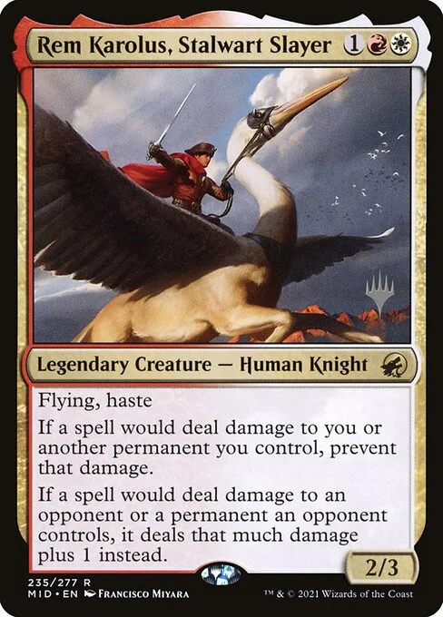 Rem Karolus, Stalwart Slayer, carta Magic di tipo Legendary Creature — Human Knight illustrata da Francisco Miyara
