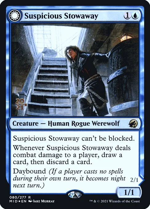 Suspicious Stowaway // Seafaring Werewolf, carta Magic di tipo Creature — Human Rogue Werewolf // Creature — Werewolf illustrata da Jake Murray