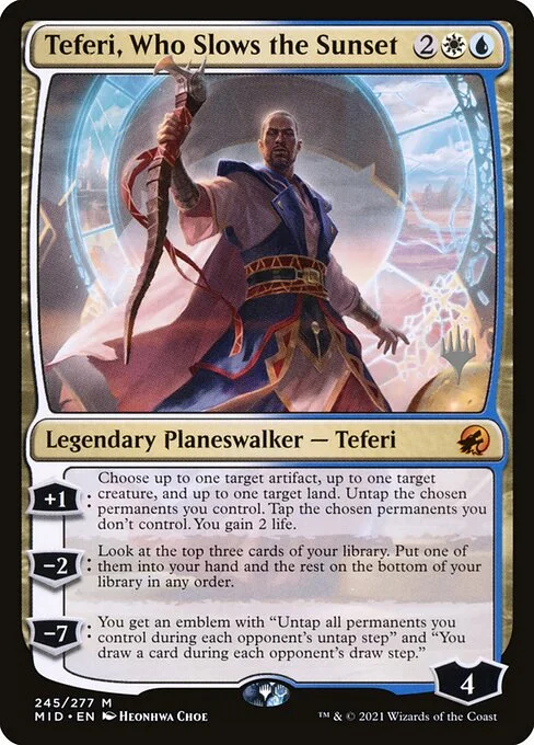 Teferi, Who Slows the Sunset, carta Magic di tipo Legendary Planeswalker — Teferi illustrata da Heonhwa