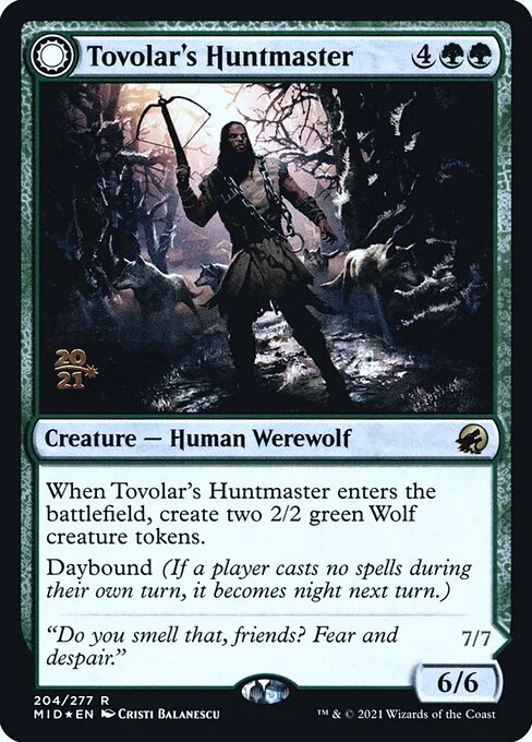 Tovolar's Huntmaster // Tovolar's Packleader, carta Magic di tipo Creature — Human Werewolf // Creature — Werewolf illustrata da Cristi Balanescu