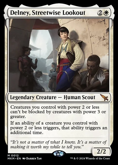 Delney, Streetwise Lookout, carta Magic di tipo Legendary Creature — Human Scout illustrata da Darren Tan
