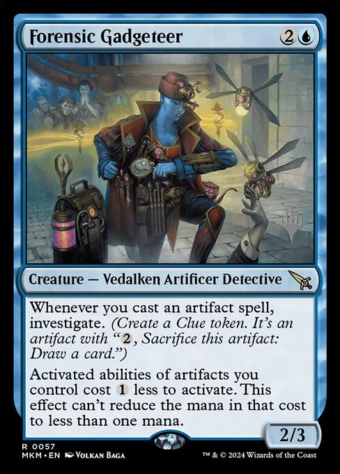 Forensic Gadgeteer, carta Magic di tipo Creature — Vedalken Artificer Detective illustrata da Volkan Baǵa